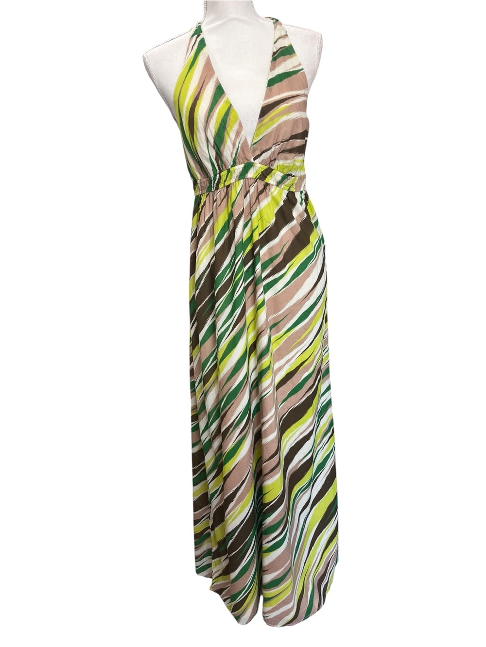 GAP NWT Halter Maxi Dress Medium Green Brown Abstract Stripe Cotton - Picture 3 of 13